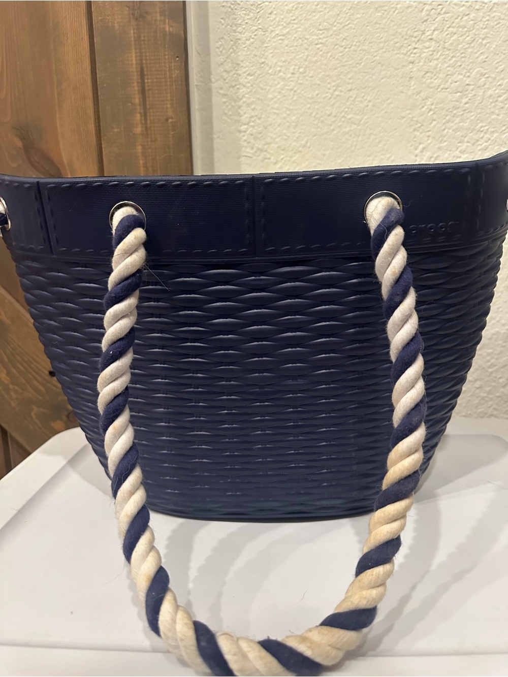 Navy Rope-Handle Woven Tote Bag